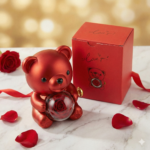 ourson décoratif « rose & bague » — globe floral & emplacement bague (mécanisme cœur)