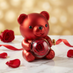 ourson décoratif « rose & bague » — globe floral & emplacement bague (mécanisme cœur)